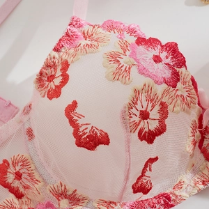 Pink mesh lingerie set with floral embroidery details and comfortable adjustable straps