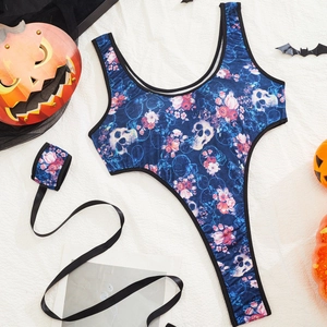 Body sexy per Halloween con stampa di teschi e fiori e nastri gotici a taglio alto
