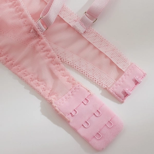 Pink mesh lingerie set featuring adjustable straps and three-row hook and eye back closure