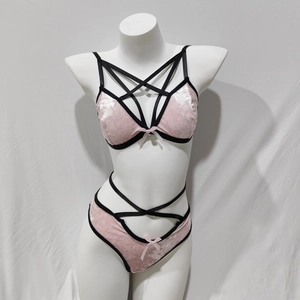 Damen Sexy Lingerie Set Rosa Samt Überkreuzte Riemen Farbblock Schleife Dekor Top Und Bottom Kabellos Bra Und Slip Set
