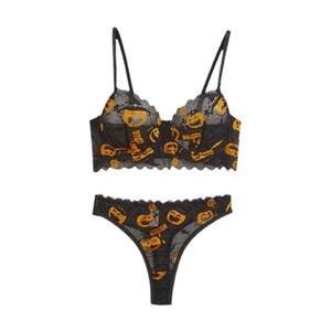 Ensemble lingerie sexy Halloween en dentelle noire avec broderie citrouille orange