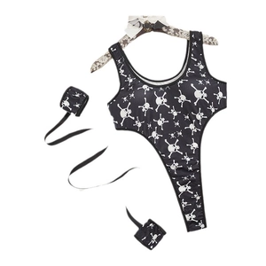 Set body di Halloween in tre pezzi con stampa teschio bianca su tessuto nero