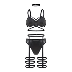 Ensemble lingerie sexy en simili cuir noir avec sangles croisées et jarretières de cuisse