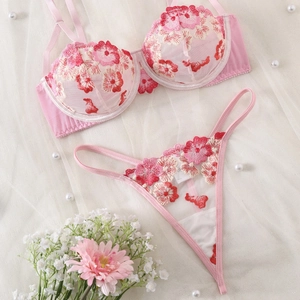 Women Mesh Floral Embroidery Lingerie Set Sexy Transparent Sweet Underwire Bra And Thong Top And Bottom Lingerie For Women