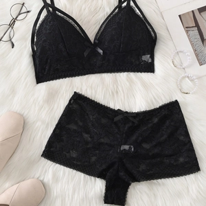 Women Sexy Black Lace Lingerie Floral Sheer Bra And Boyshort Panty Floral Mesh Breathable Lingerie For Women