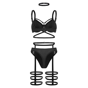 Ensemble de lingerie sexy en PU noir avec lanières croisées et triples anneaux