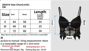 Detailed size chart for lace corset top with bust and waist measurements in CM