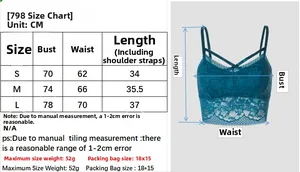 Detailed size guide table for sexy lace camisole showing bust and waist measurements