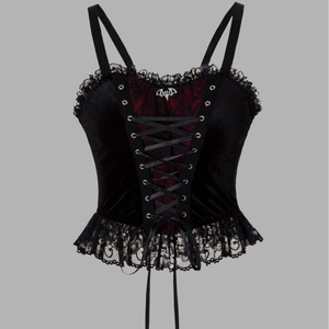 Gothic Velvet Corset Top Lace Patchwork Cami For Women Halloween Party Dark Punk V Neck Adjustable Strap Bat Pendant Tank Top