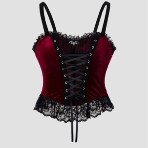 Gothic burgundy velvet corset top with black lace trim and silver bat pendant details