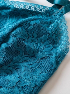 Detailed close-up of peacock blue lace camisole with floral patterns and satin straps