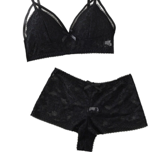 Elegant black lace lingerie set with wireless triangle bra and matching boxer briefs