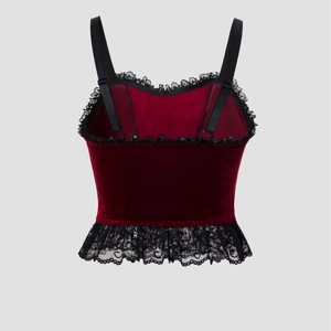 Red velvet gothic corset top with black lace trim and ruffles, rear view of the camisole