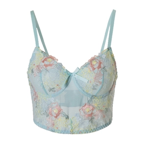Bustier in rete azzurro stile francese con ricami floreali e spalline regolabili