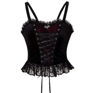 Gothic velvet corset top featuring dark red lace patchwork and silver bat pendant