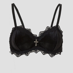 Gothic Black Velvet Bra Lace Trim Push Up Bralette With Silver Cross Pendant Vintage Dark Aesthetic Women Lingerie