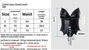 Size chart showing bust and waist dimensions for black punk PU leather corset top