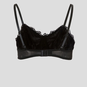 Black velvet lace bra with mesh back design and adjustable straps for shaping