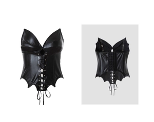 Front and back view of black PU leather gothic corset with lace-up detail and batwing hem