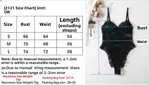 Detailed size chart in CM for lace patchwork bodysuit with flat lay measurement view