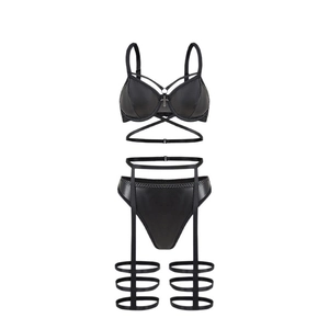 Ensemble lingerie sexy en simili cuir noir avec pendentif croix et sangles