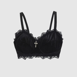Gothic black velvet bra with delicate lace trim and silver cross pendant detailing