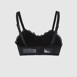 Black velvet lace bra with mesh back panels and adjustable straps for shaping