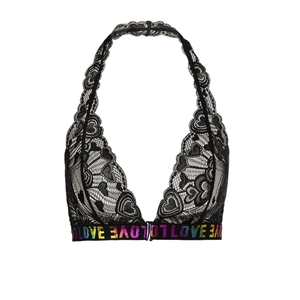 Bralette licou en dentelle noire avec motifs cœurs et bande arc-en-ciel LOVE