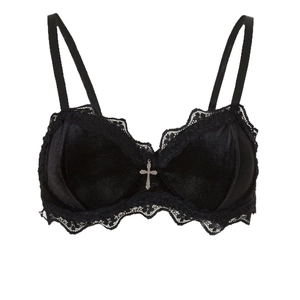 Black velvet lace-trimmed push-up bra featuring a silver cross pendant detail