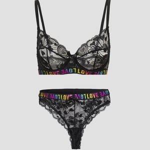 Women Sexy Black Lace Bra And Panties Heart Pattern Rainbow LOVE Letter Underwired Lingerie Floral Bow Underwear