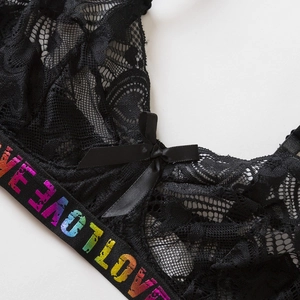 Romantic black lace lingerie set with rainbow metallic LOVE letter elastic waistband
