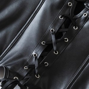 Black punk style PU leather corset featuring cross-lace design and metallic eyelets