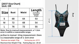Detailed size chart for black lace bodysuit with blue embroidery and measurements