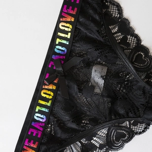 Black lace lingerie set with heart pattern lace and colorful LOVE letter waistband