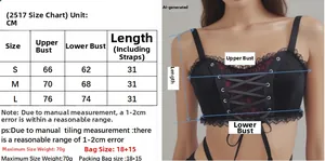 Guide des tailles détaillé avec mesures pour brassière en velours à lacets style gothique