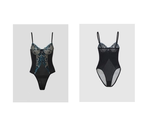 Vues avant et arrière détaillées d'un body noir transparent avec broderie florale