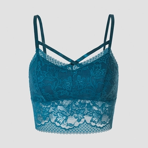 Women Sexy Lace Camisole Tank Top V Neck Criss-Cross Strap Hollow Out Floral Bralette Backless Slim Fit Teal Blue Crop Top