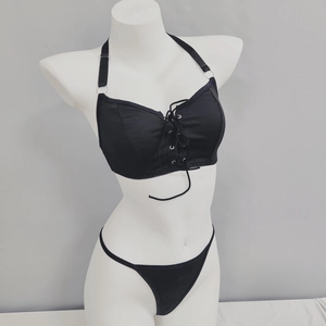 Women Sexy Lingerie Top And Bottom Black Halter Neck Crisscross Strappy Bra And Thong Pole Dancing Performance Costume