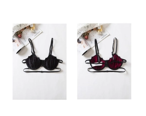 Detailed front and back view of sexy black lace bra with red lining and elastic straps
