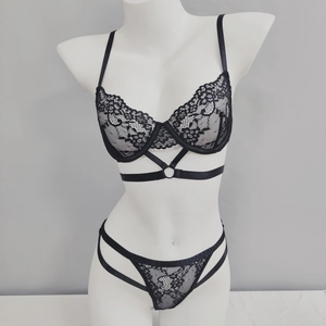 Donna Sexy Pizzo Lingerie Sopra E Sotto Trasparente Prospettiva Mezza Coppa Ferretto Reggiseno E Strappy Perizoma Intimo
