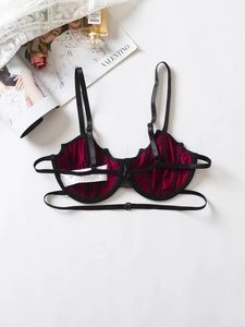 Detail of dark red lace bra with black mesh trim and decorative elastic bands