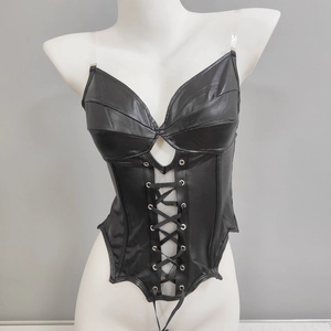 Black punk style PU corset top with front lace-up detail and breathable mesh panels