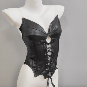 Close-up of black PU leather corset top featuring lace-up metal rings and clear straps