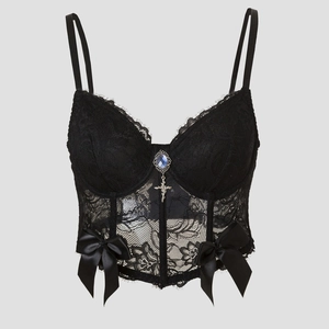 Women Gothic Black Lace Corset Top Bustier With Blue Gemstone Cross Pendant Bow Detail Sexy V-Neck Slim Fit Camisole Tank