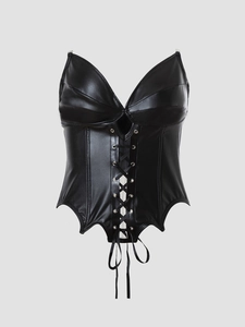 Detail of black PU leather corset top featuring metal eyelets and cross-lace design