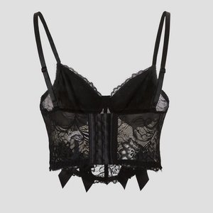Gothic black lace corset top with floral patterns and bow details for women