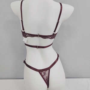Vista dei dettagli posteriori del set di lingerie in pizzo bordeaux su un manichino