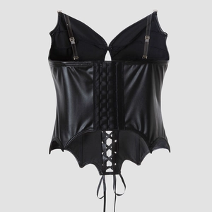 Black PU leather gothic corset top with lace-up details and adjustable clear straps