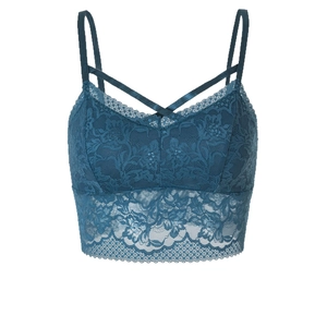 Navy blue lace bralette with floral patterns and stylish cross-strap neckline detail