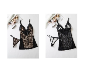 Details des Leopard-Dessous-Sets mit schwarzer Spitze und transparentem Netzrücken